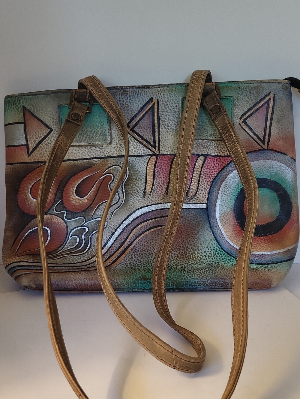 1990s Signed Anuschka Hand-Painted Multicolor Leather Shoulder Bag